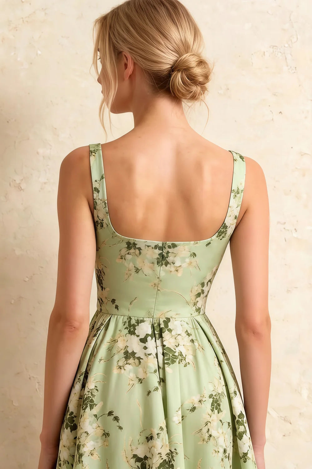 Gina Green Floral Square Neck A Line Midi Dress