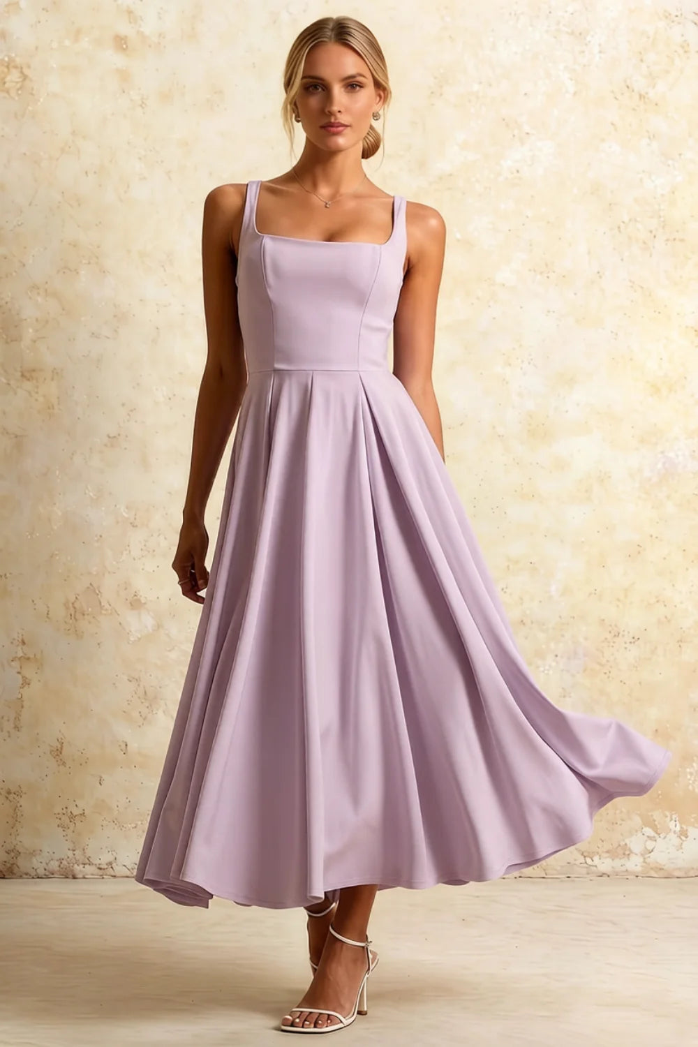Gina Lavender Midi Square Neck Dress for Women
