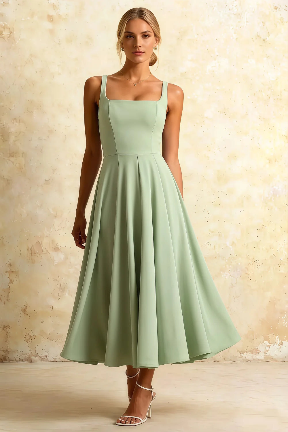 Gina Light Green Square Neck Midi Dress Casual Main image