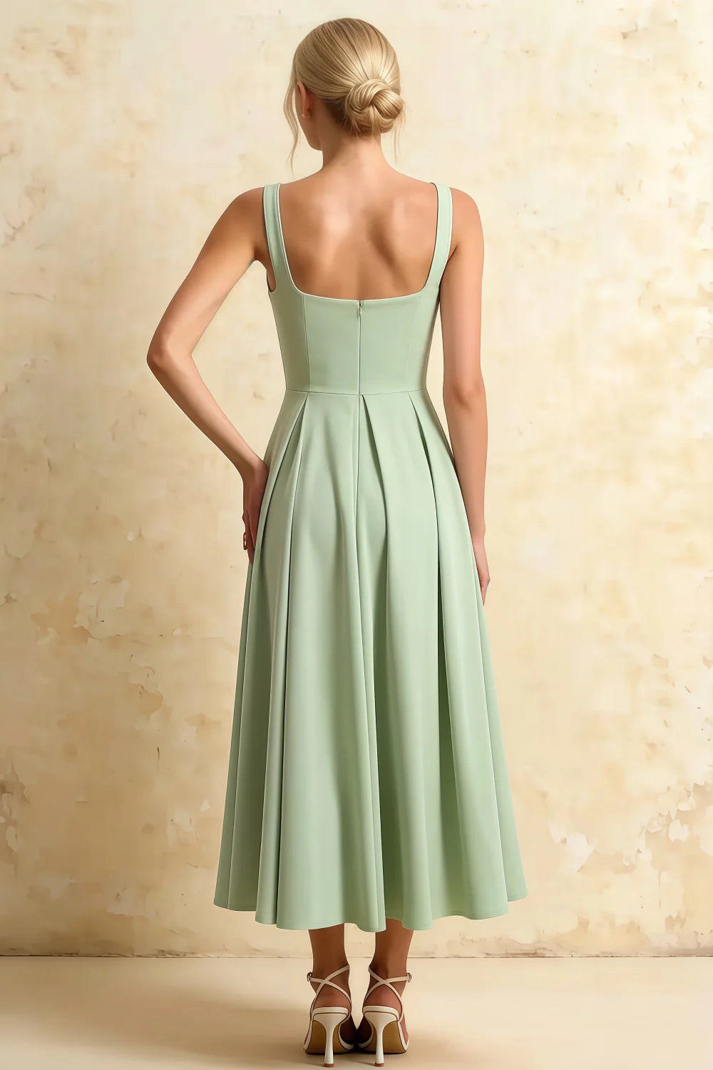 Gina Light Green Square Neck Midi Dress Casual