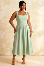 Gina Light Green Square Neck Midi Dress Casual