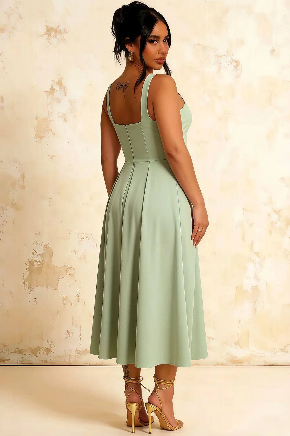 Gina Light Green Square Neck Midi Dress Casual