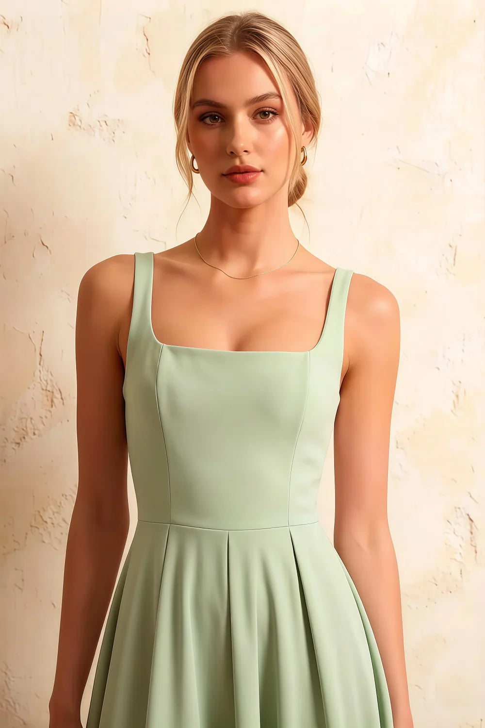 Gina Light Green Square Neck Midi Dress Casual