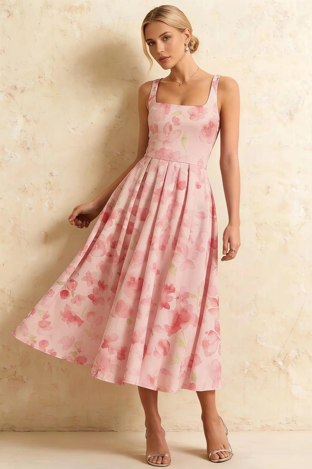 Gina Vestido Midi Acampanado con Cuello Cuadrado y Estampado Floral Rosa Claro Imagen principal del producto