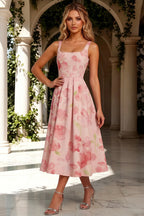 Gina Light Pink Floral A Line Midi Dress Square Neck