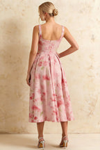 Gina Light Pink Floral A Line Midi Dress Square Neck