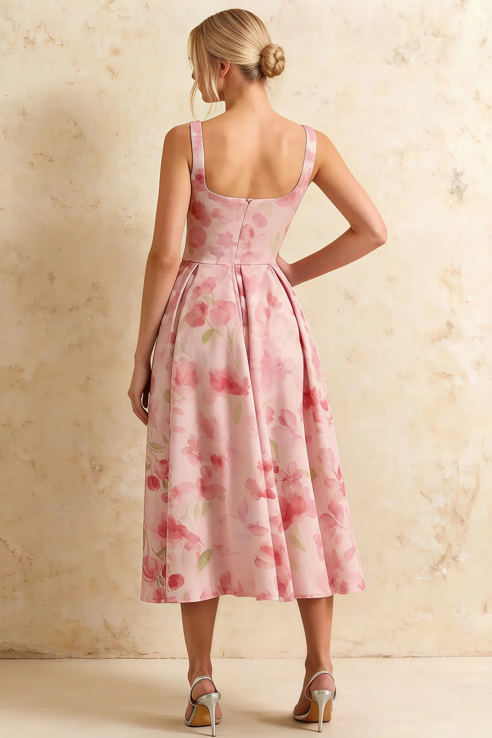 Gina Light Pink Floral A Line Midi Dress Square Neck