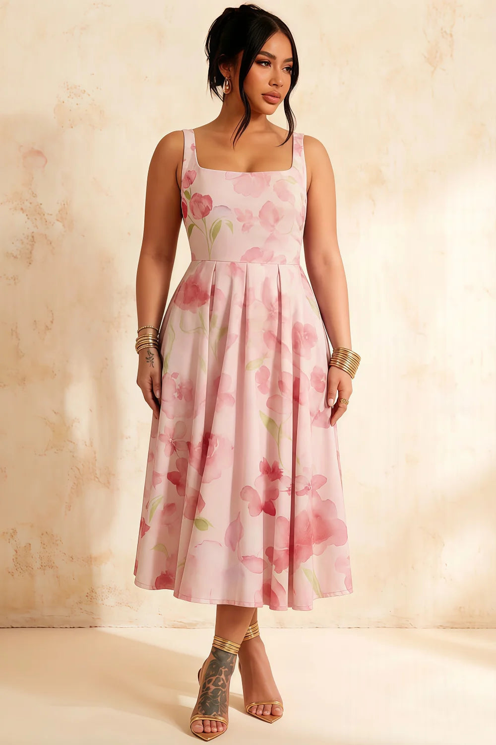 Gina Light Pink Floral A Line Midi Dress Square Neck