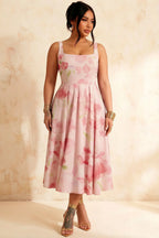 Gina Light Pink Floral A Line Midi Dress Square Neck