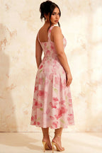Gina Light Pink Floral A Line Midi Dress Square Neck