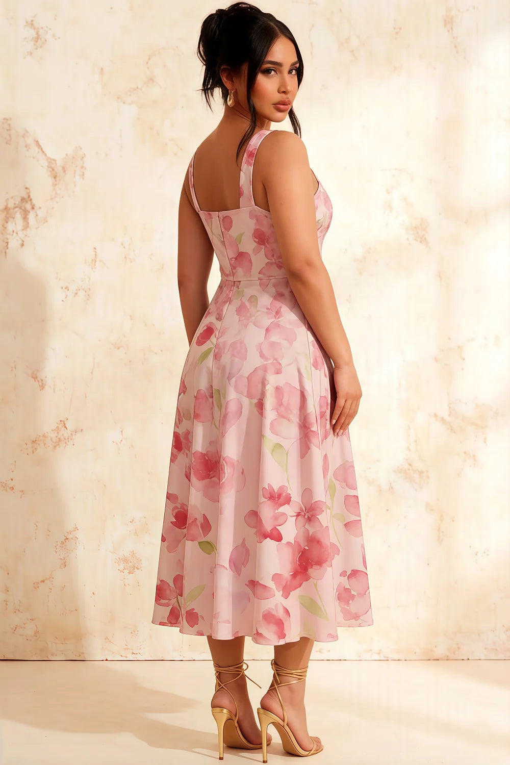 Gina Light Pink Floral A Line Midi Dress Square Neck