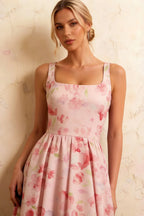 Gina Light Pink Floral A Line Midi Dress Square Neck