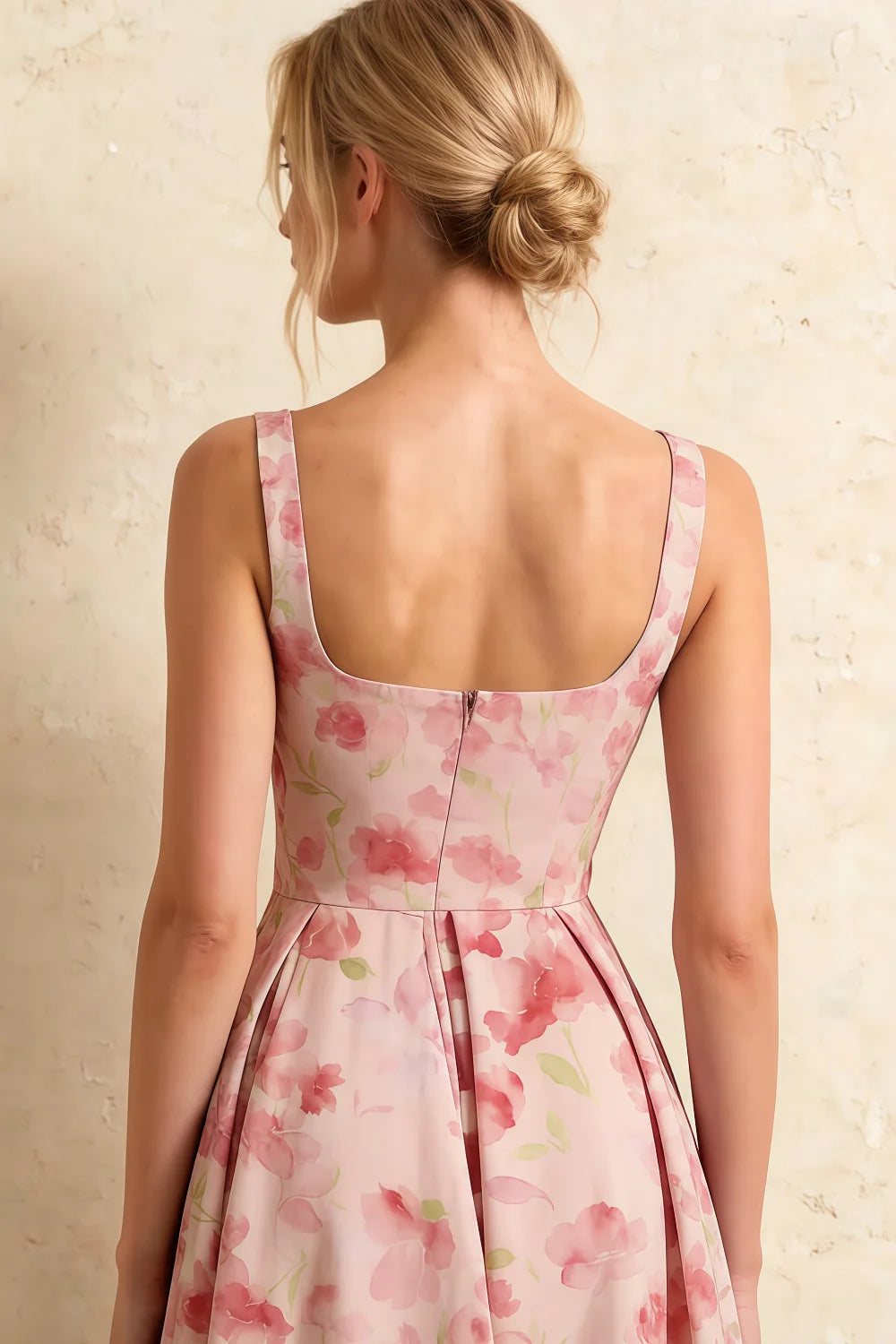Gina Light Pink Floral A Line Midi Dress Square Neck