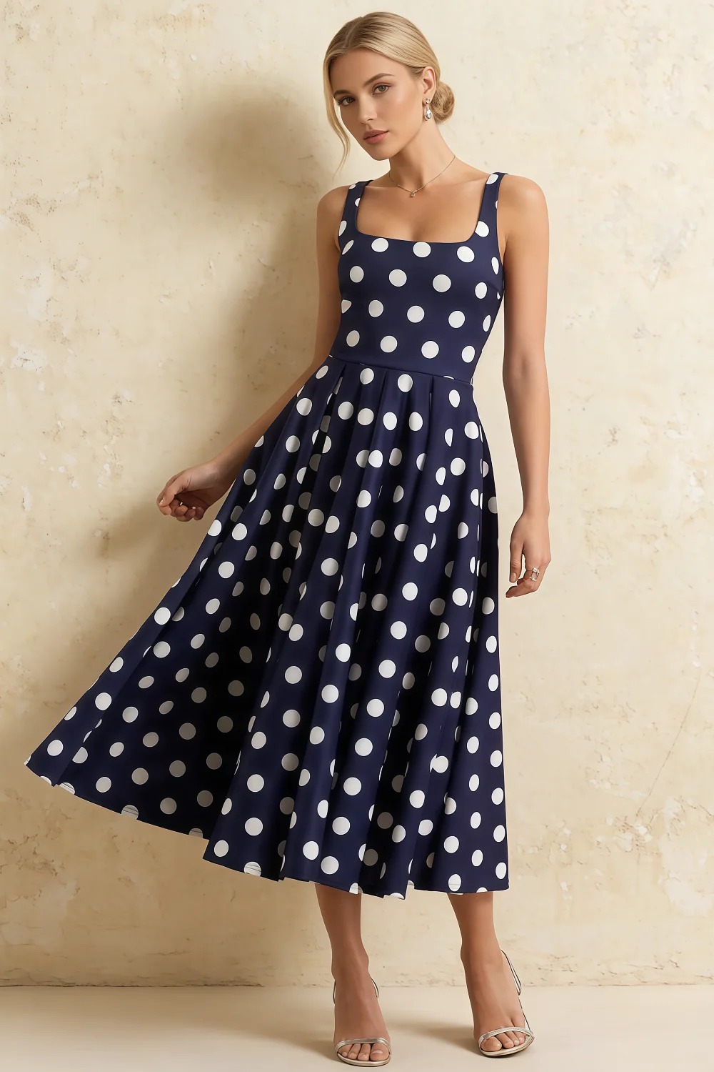 Vestido midi con escote cuadrado y lunares en azul marino y blanco de Gina Imagen principal del producto
