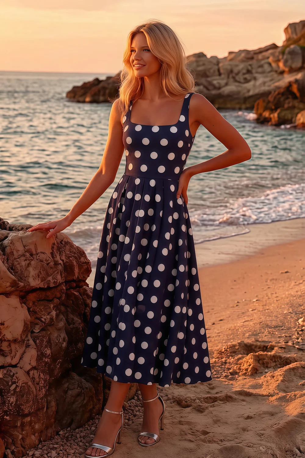 Gina Navy and White Polka Dot Square Neck Midi Dress