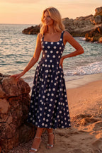 Gina Navy and White Polka Dot Square Neck Midi Dress