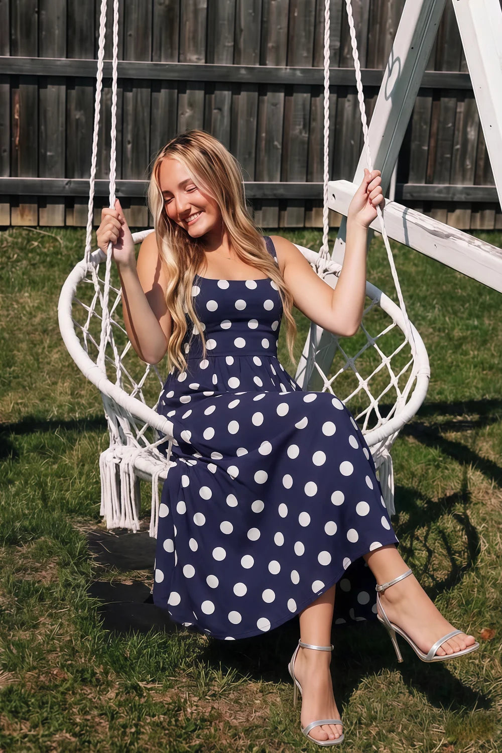 Gina Navy and White Polka Dot Square Neck Midi Dress