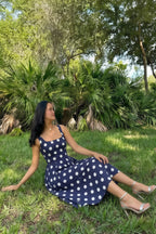 Gina Navy and White Polka Dot Square Neck Midi Dress