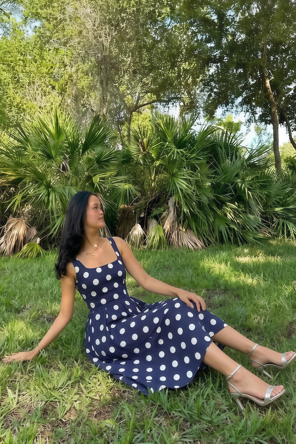 Gina Navy and White Polka Dot Square Neck Midi Dress