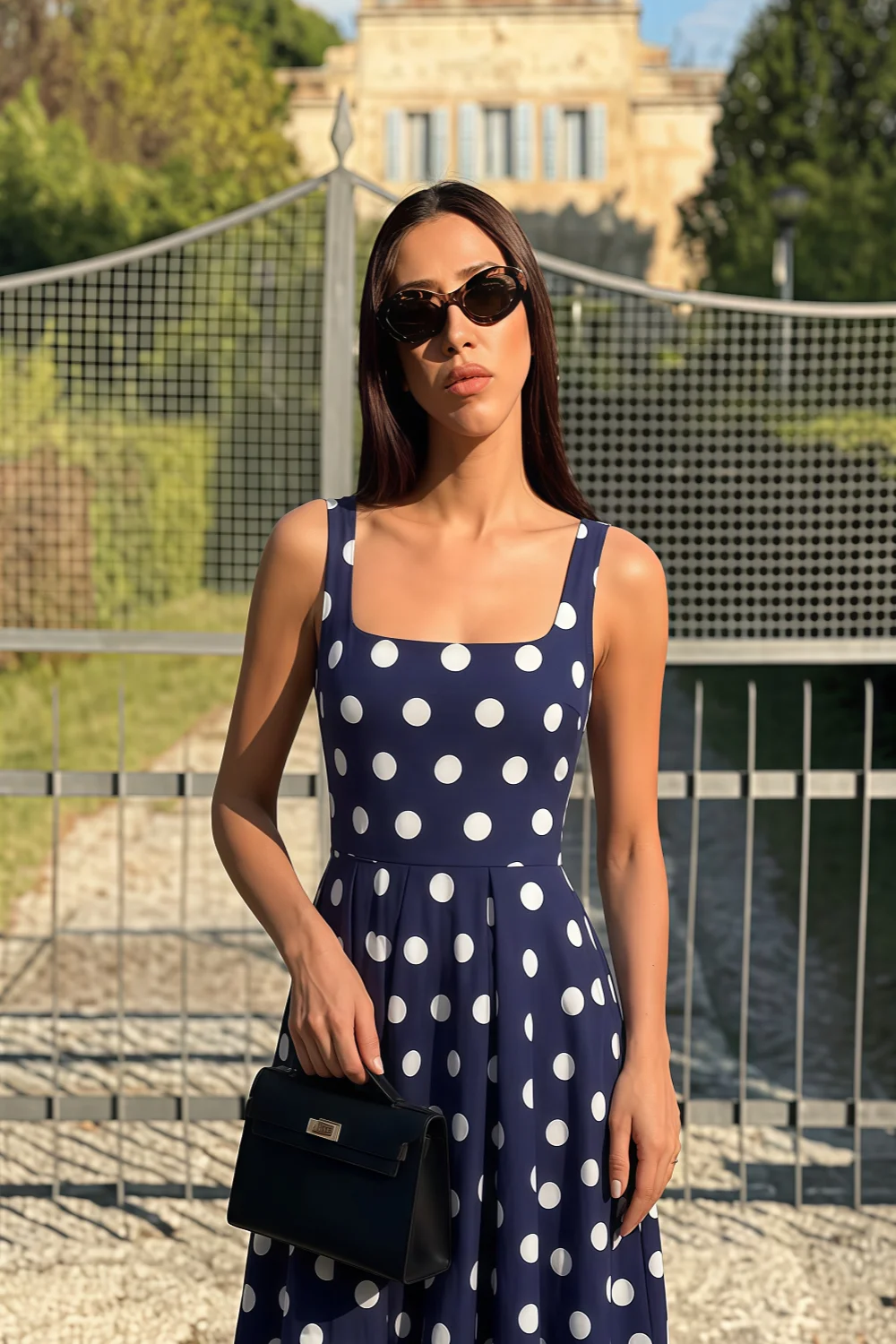 Gina Navy and White Polka Dot Square Neck Midi Dress