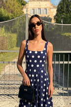 Gina Navy and White Polka Dot Square Neck Midi Dress