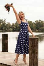 Gina Navy and White Polka Dot Square Neck Midi Dress