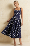 Gina Navy and White Polka Dot Square Neck Midi Dress