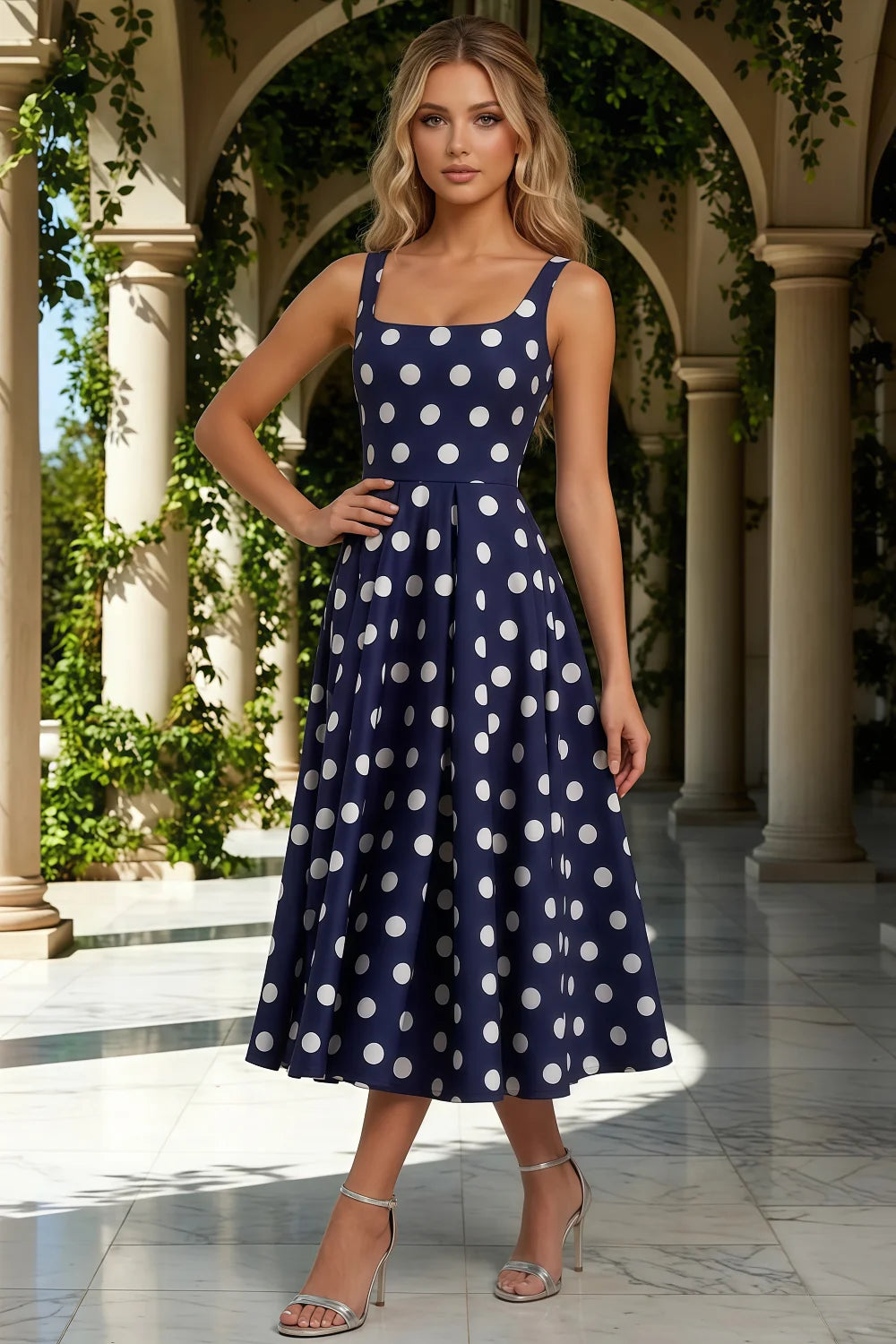 Vestido midi con escote cuadrado y lunares en azul marino y blanco de Gina Imagen secundaria del producto