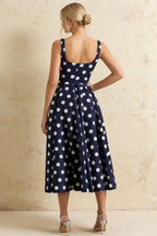 Gina Navy and White Polka Dot Square Neck Midi Dress