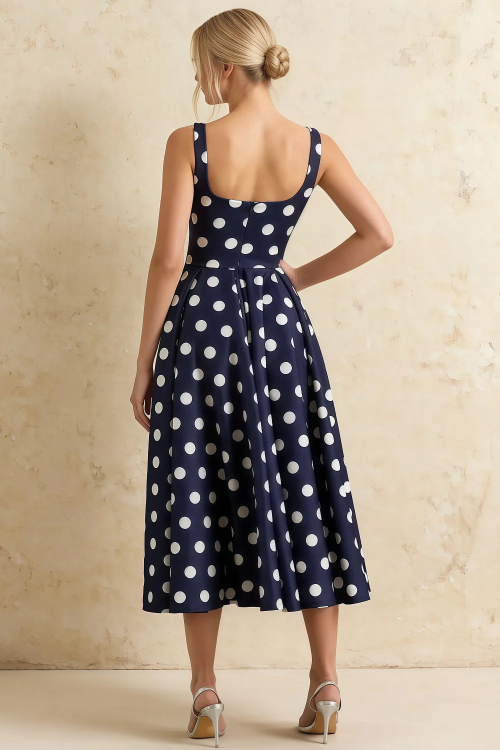 Gina Navy and White Polka Dot Square Neck Midi Dress