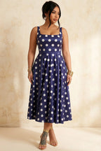 Gina Navy and White Polka Dot Square Neck Midi Dress