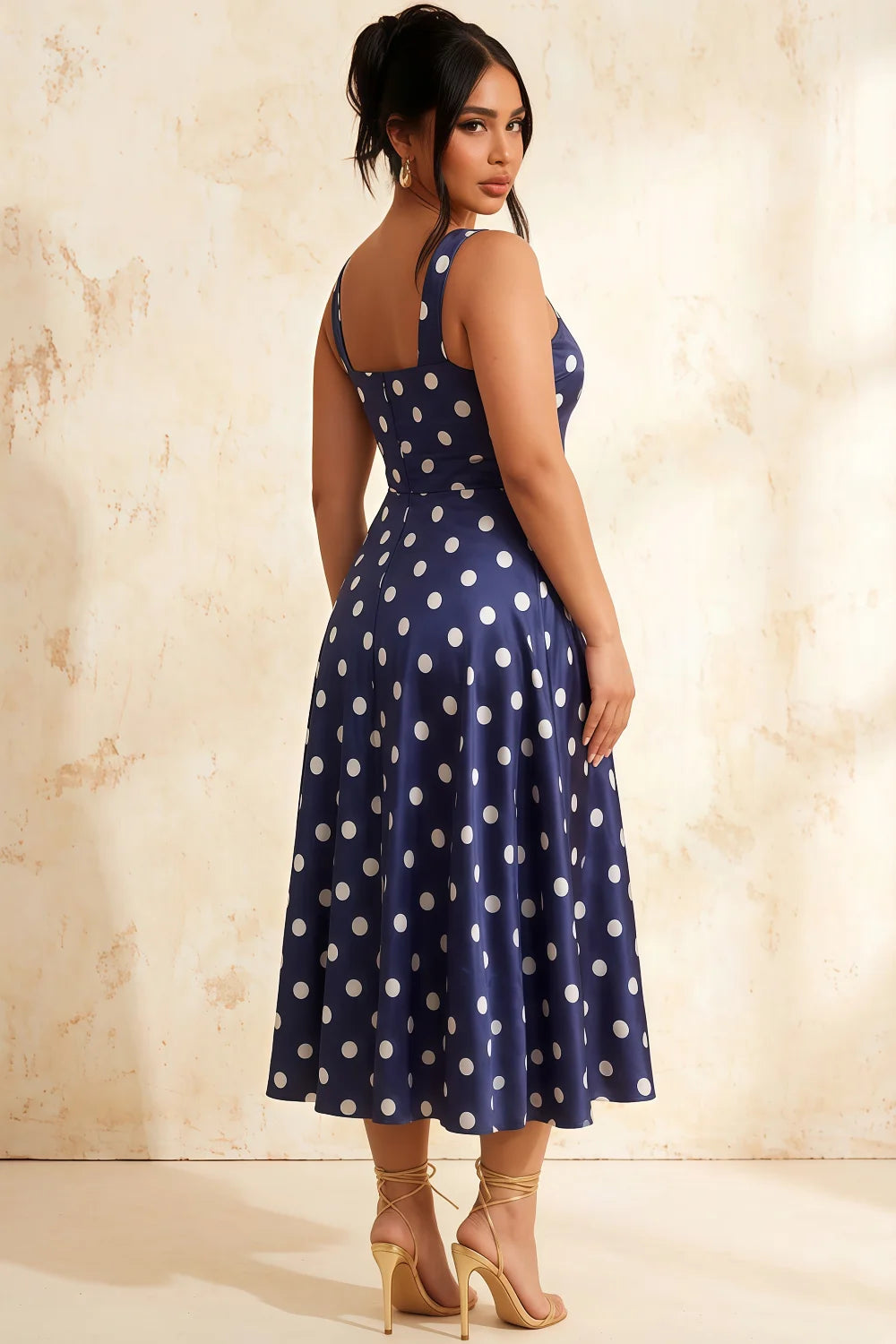 Gina Navy and White Polka Dot Square Neck Midi Dress