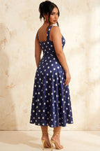 Gina Navy and White Polka Dot Square Neck Midi Dress