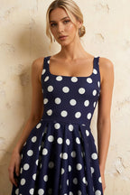 Gina Navy and White Polka Dot Square Neck Midi Dress