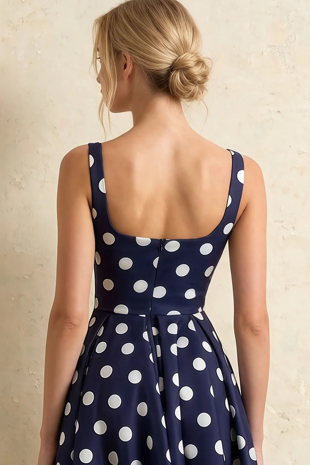 Gina Navy and White Polka Dot Square Neck Midi Dress