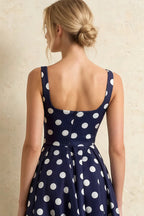 Gina Navy and White Polka Dot Square Neck Midi Dress