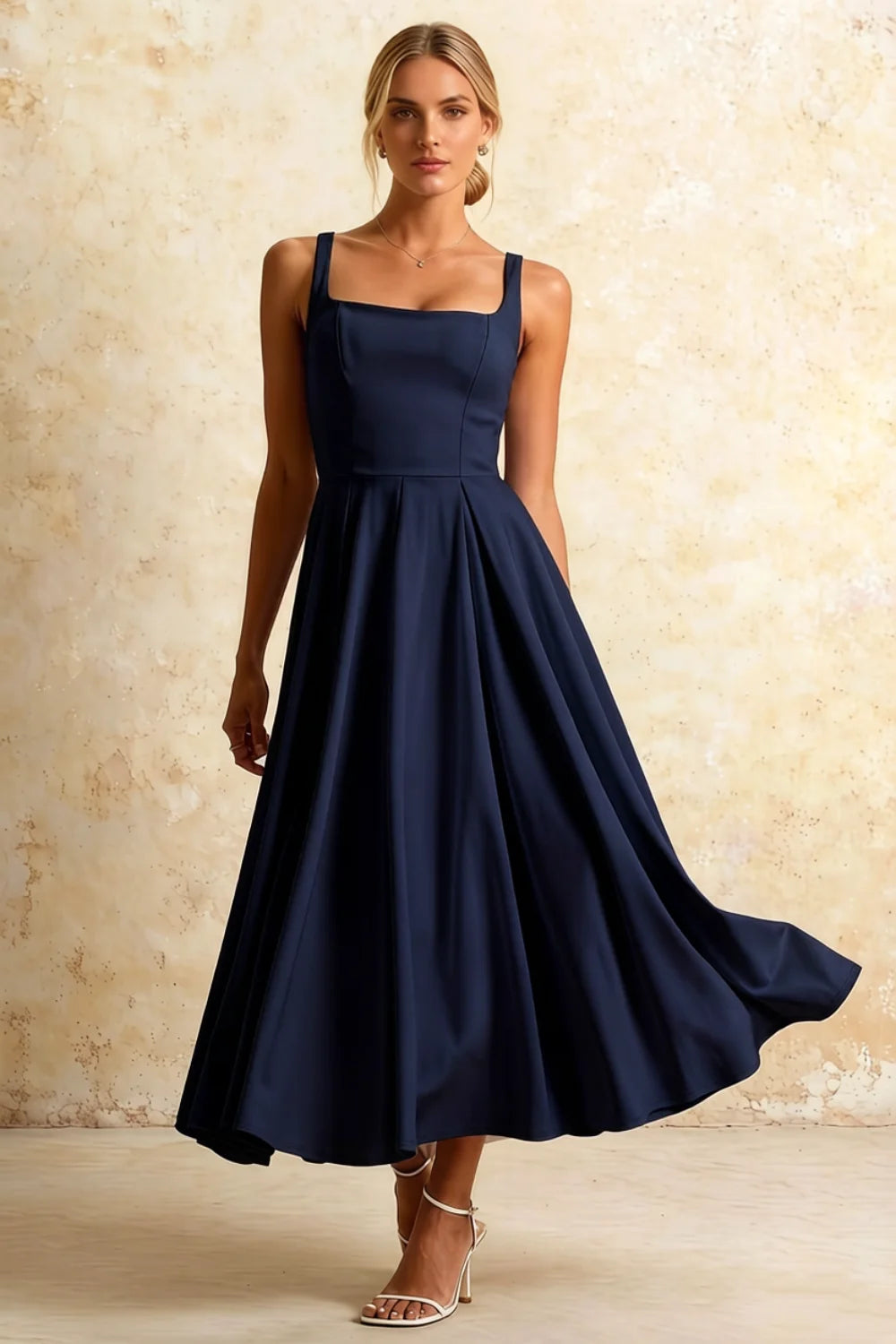 Vestido midi Gina Navy con cuello cuadrado | Midi formal atemporal Imagen principal del producto