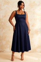 Gina Navy Square Neck Midi Dress | Timeless Formal Midi