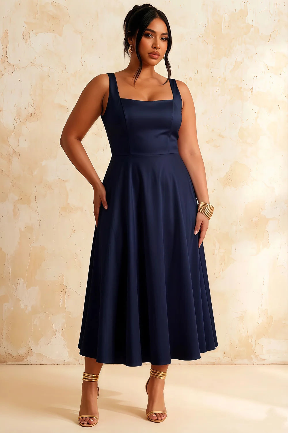 Gina Navy Square Neck Midi Dress | Timeless Formal Midi