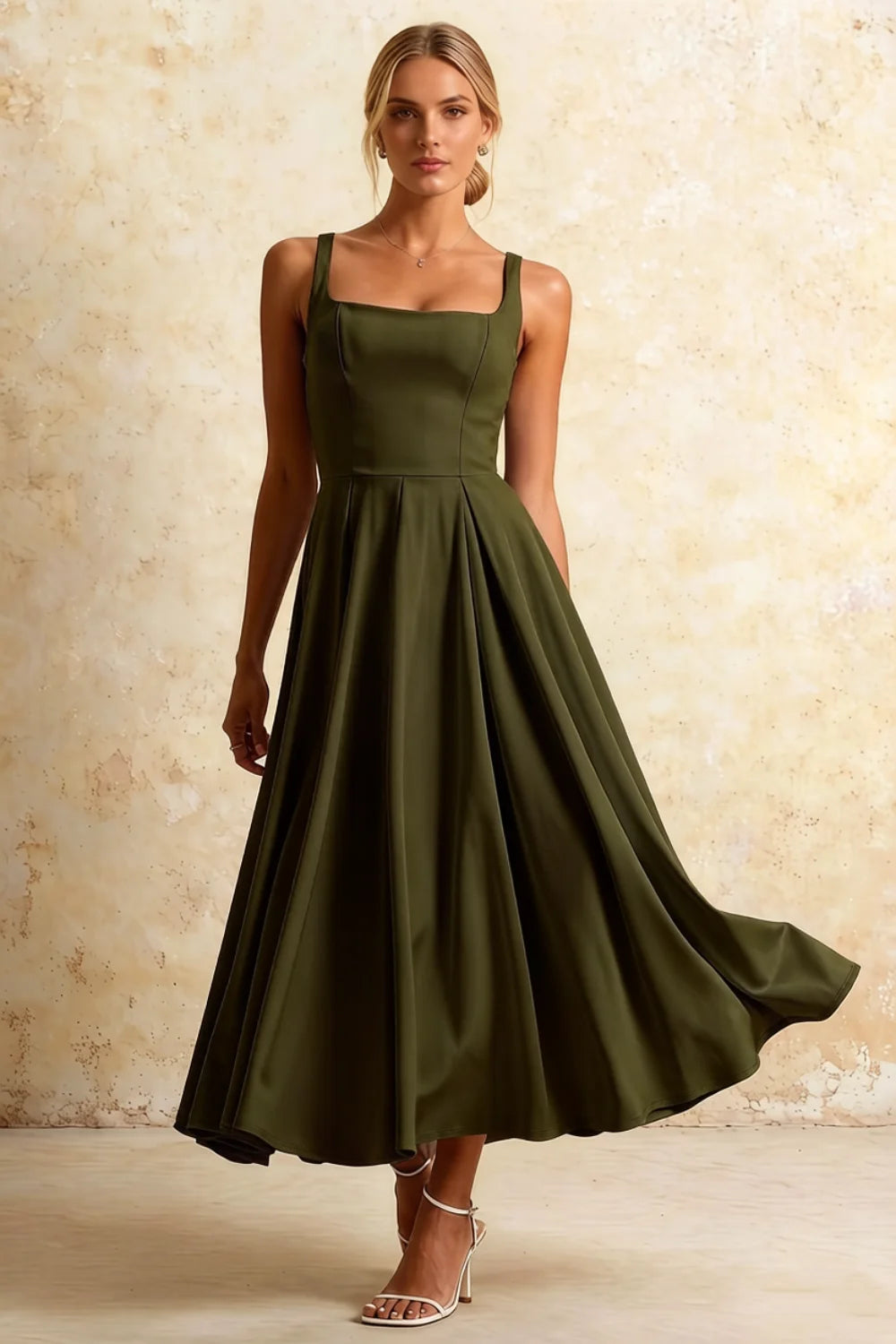Vestido midi de cóctel Gina Olive de corte A con escote cuadrado Imagen principal del producto