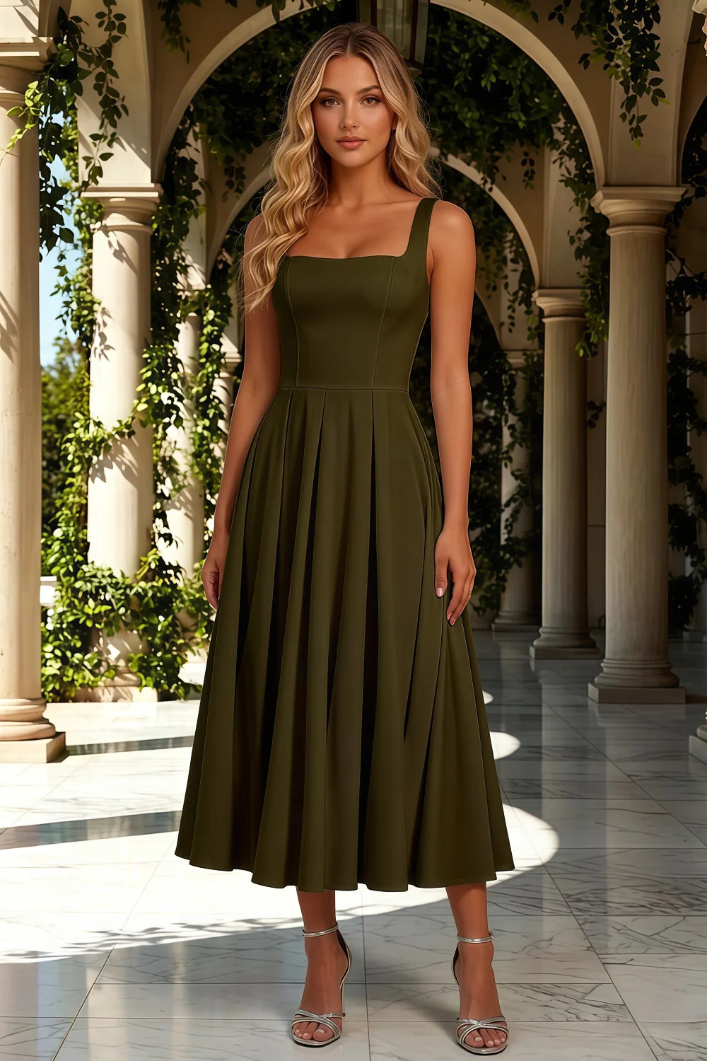 Vestido midi de cóctel Gina Olive de corte A con escote cuadrado Imagen secundaria del producto