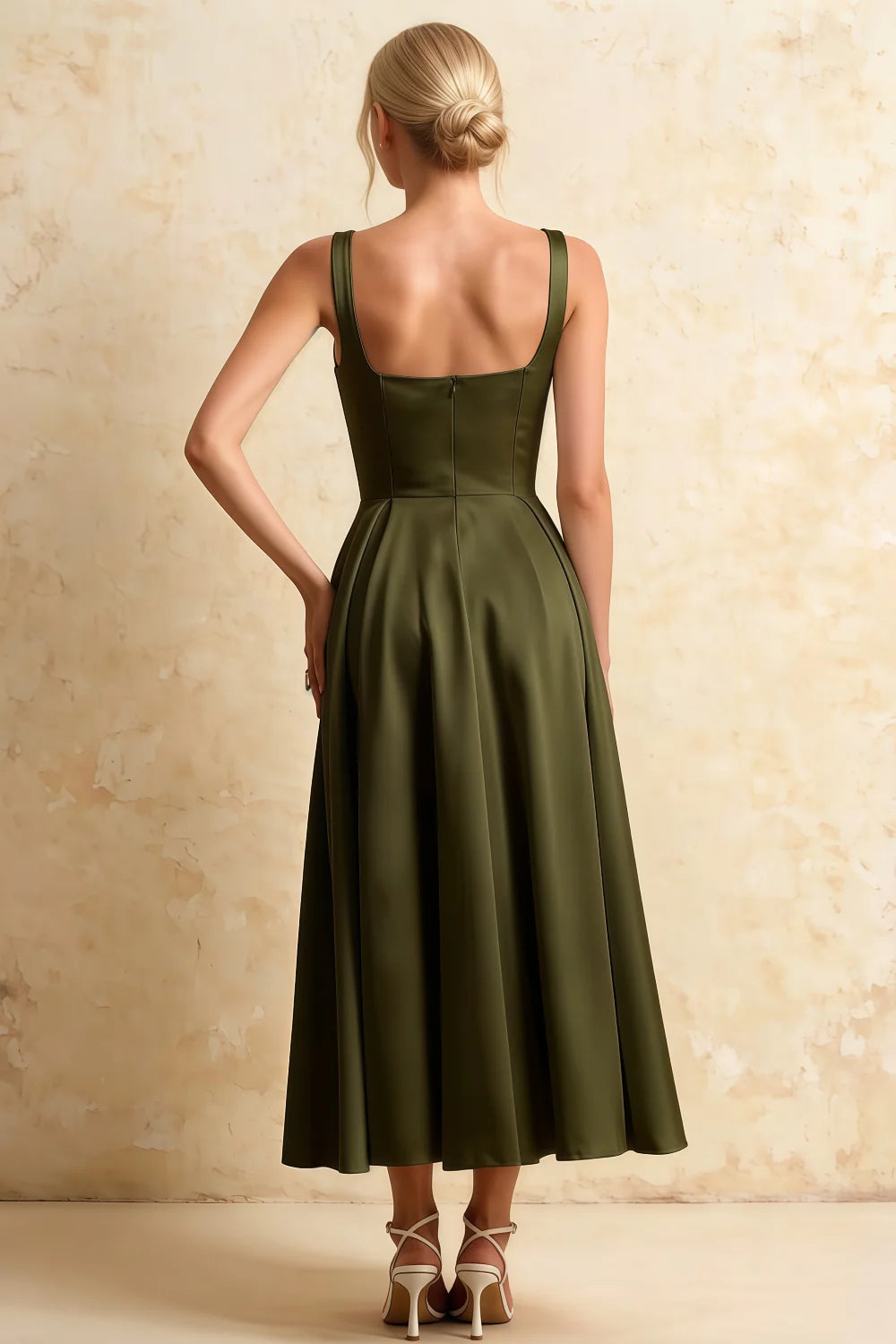 Gina Olive A Line Square Neck Midi Dress for Cocktail