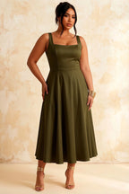 Gina Olive A Line Square Neck Midi Dress for Cocktail