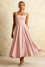 Gina Pink Abercrombie Square Neck Midi Dress | Pleated A-Line Gown