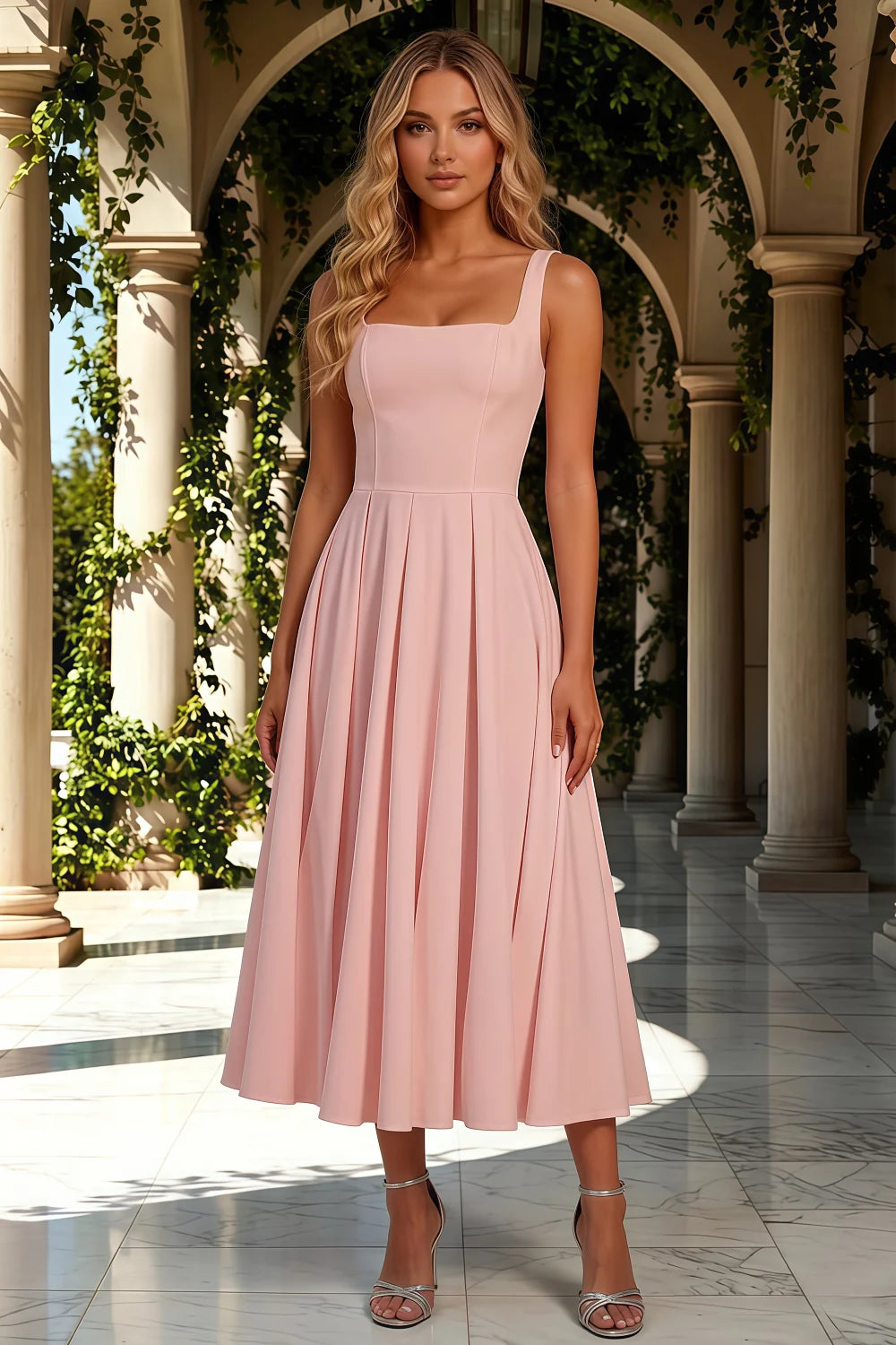 Gina Pink Abercrombie Square Neck Midi Dress | Pleated A-Line Gown