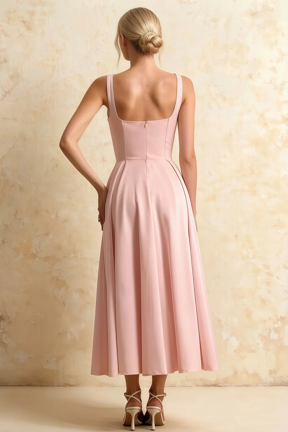 Gina Pink Abercrombie Square Neck Midi Dress | Pleated A-Line Gown