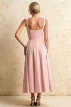 Gina Pink Abercrombie Square Neck Midi Dress | Pleated A-Line Gown