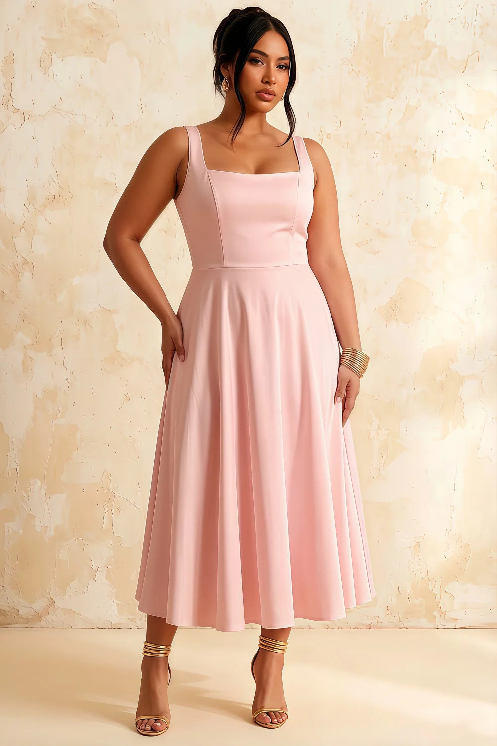 Gina Pink Abercrombie Square Neck Midi Dress | Pleated A-Line Gown