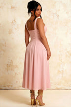 Gina Pink Abercrombie Square Neck Midi Dress | Pleated A-Line Gown