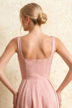 Gina Pink Abercrombie Square Neck Midi Dress | Pleated A-Line Gown